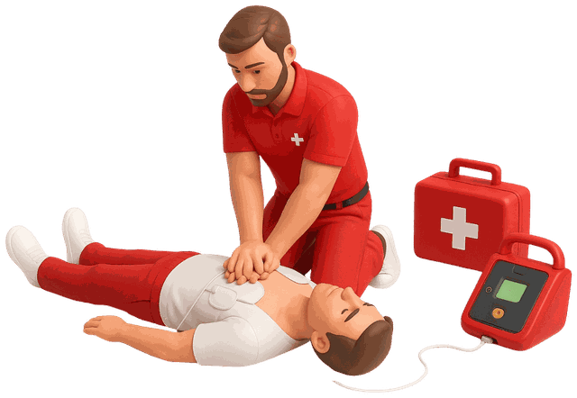 Illustration: Erste-Hilfe-Training mit Wiederbelebung und Defibrillator